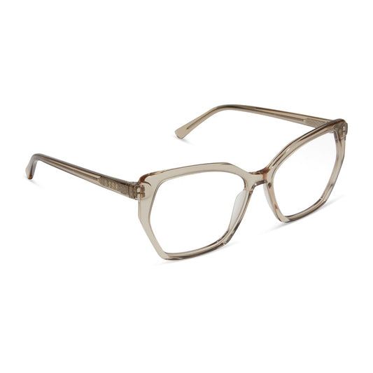 diff eyewear featuring the maisie cateye glasses with a vintage crystal frame and prescription lenses angled view