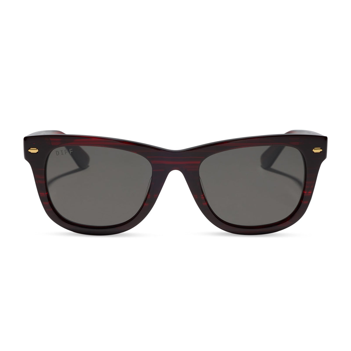 diff eyewear mercer square sunglasses with a redwood acetate frame and grey polarized lenses front view