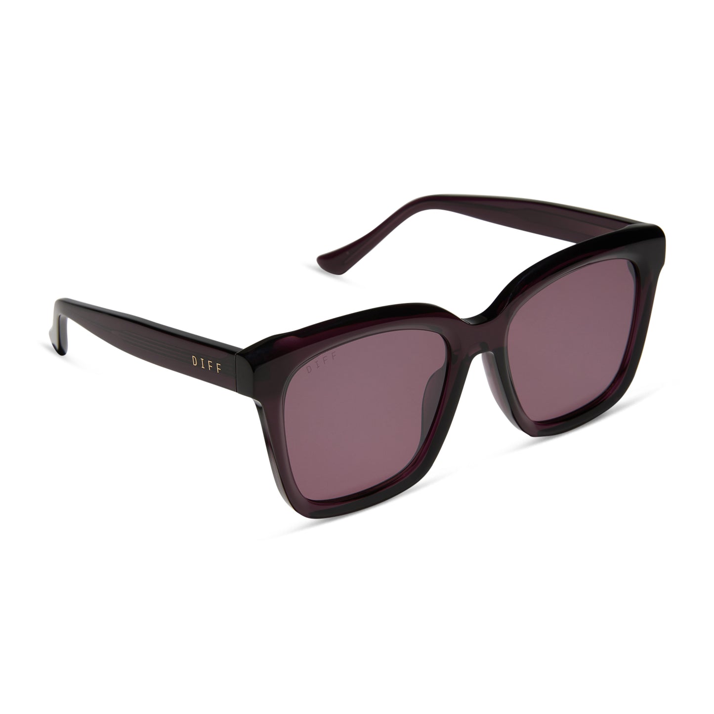 diff eyewear featuring the meredith square sunglasses with a aubergine purple red frame and aubergine with silver flash lenses angled view