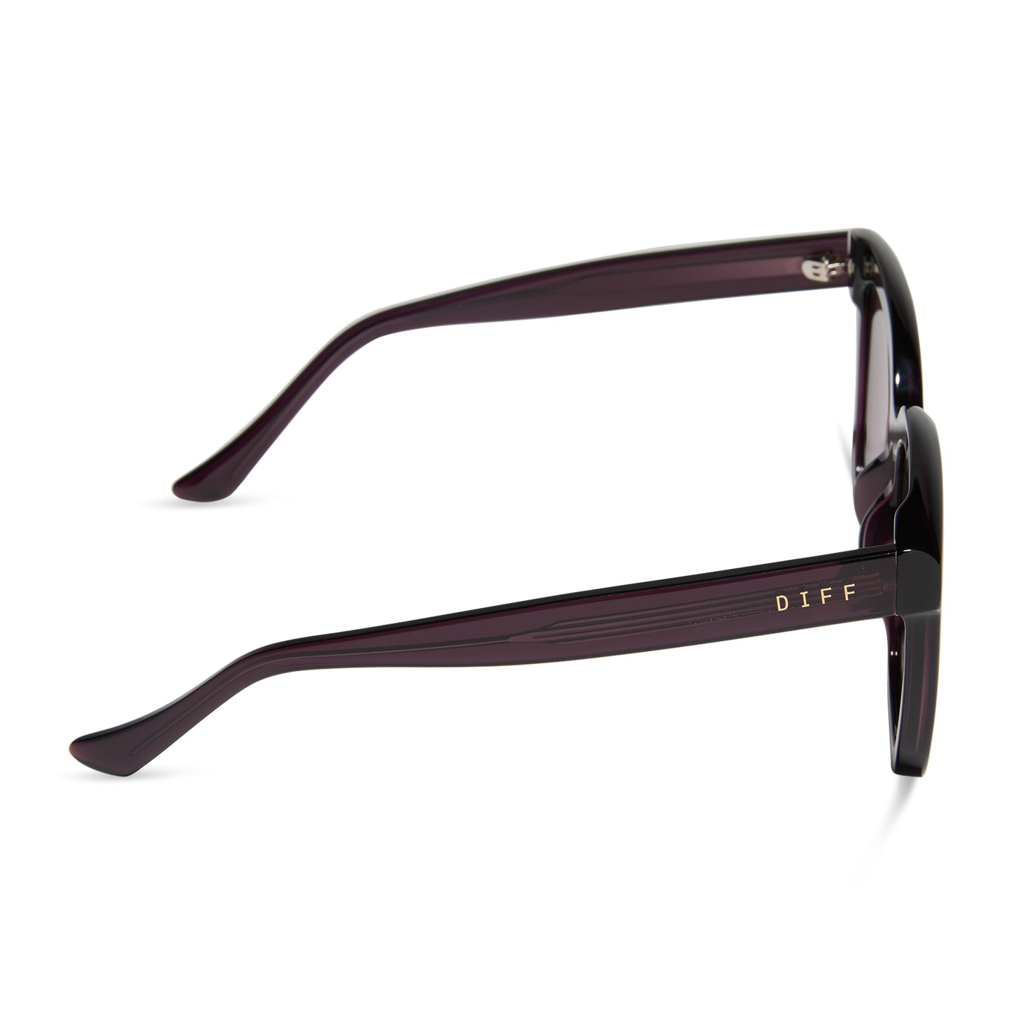diff eyewear featuring the meredith square sunglasses with a aubergine purple red frame and aubergine with silver flash lenses side view