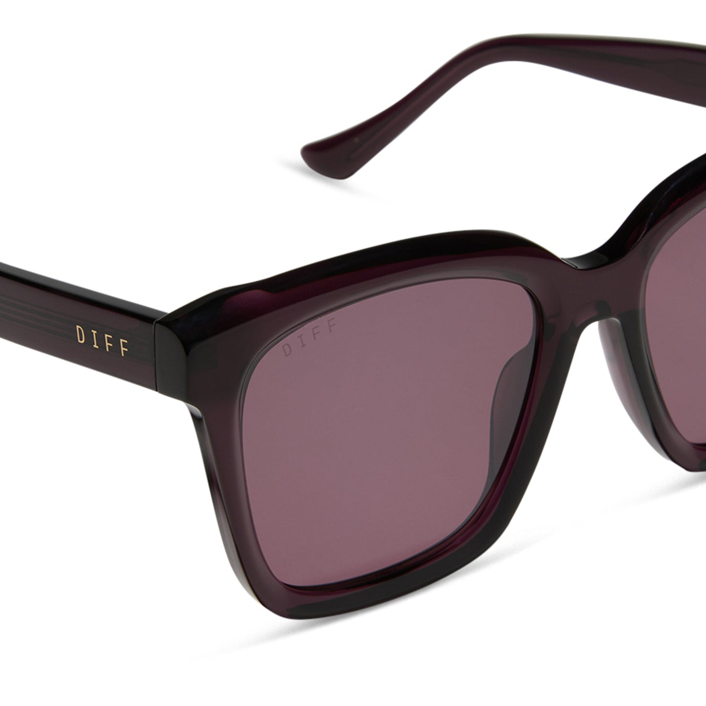 diff eyewear featuring the meredith square sunglasses with a aubergine purple red frame and aubergine with silver flash lenses detailed view