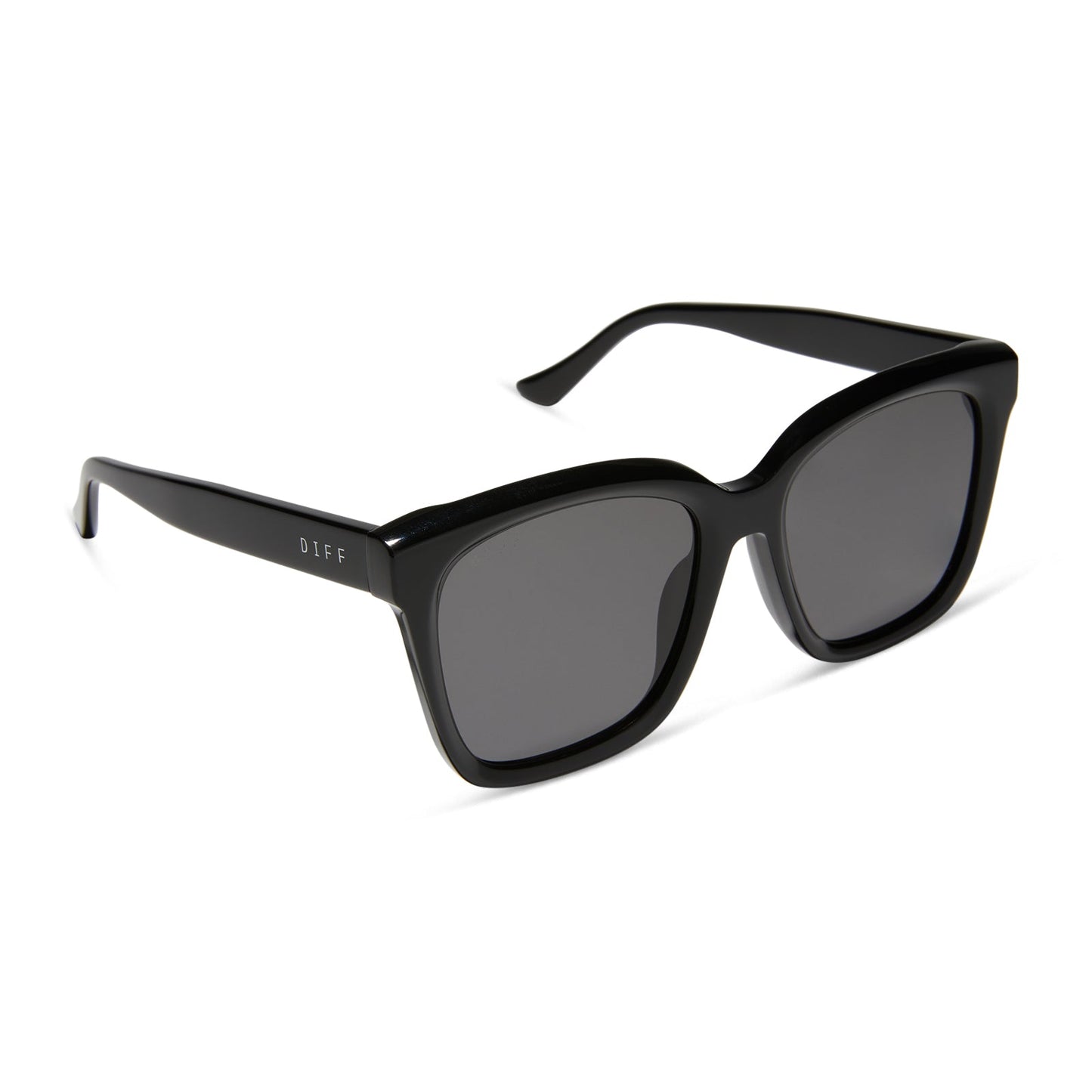 diff eyewear meredith square sunglasses with a black acetate frame and grey lenses angled view