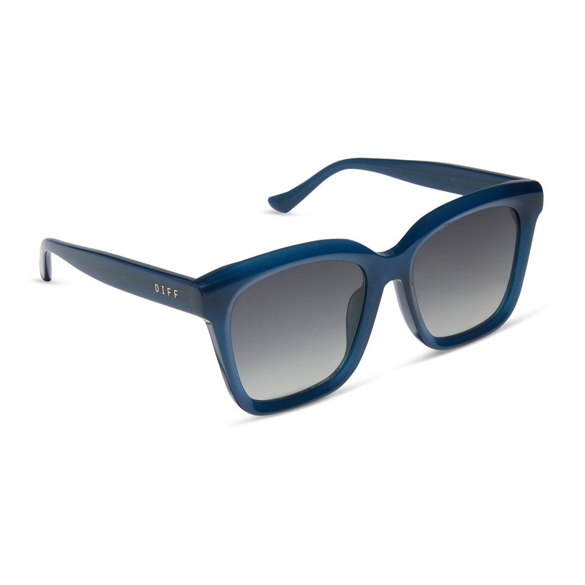 diff eyewear featuring the meredith square oversized sunglasses with a clubhouse blue acetate frame and grey gradient polarized lenses angled view