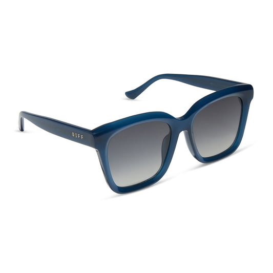 diff eyewear featuring the meredith square oversized sunglasses with a clubhouse blue acetate frame and grey gradient polarized lenses angled view