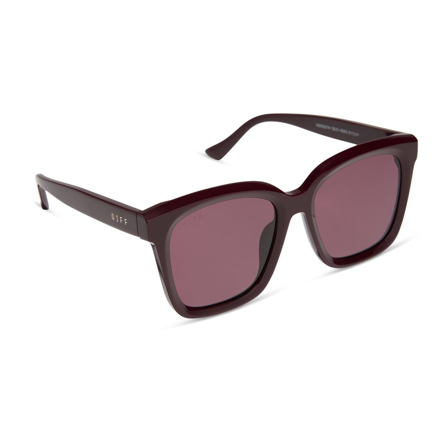 diff eyewear featuring the meredith square sunglasses with a dark cherry lacquer frame and dark cherry polarized lenses angled view