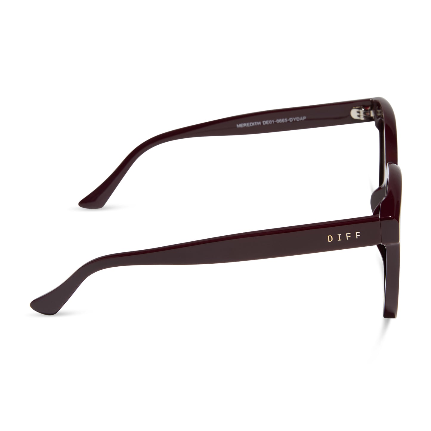 diff eyewear featuring the meredith square sunglasses with a dark cherry lacquer frame and dark cherry polarized lenses side view