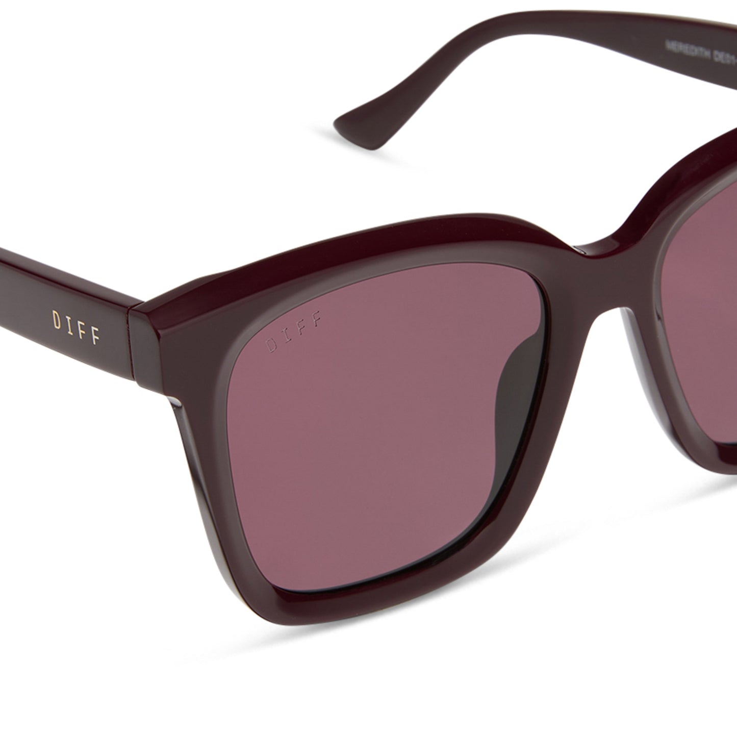 diff eyewear featuring the meredith square sunglasses with a dark cherry lacquer frame and dark cherry polarized lenses detailed view