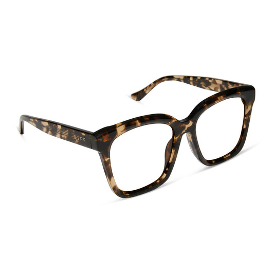 diff eyewear meredith square prescription glasses with a espresso tortoise acetate frame and prescription lenses angled view