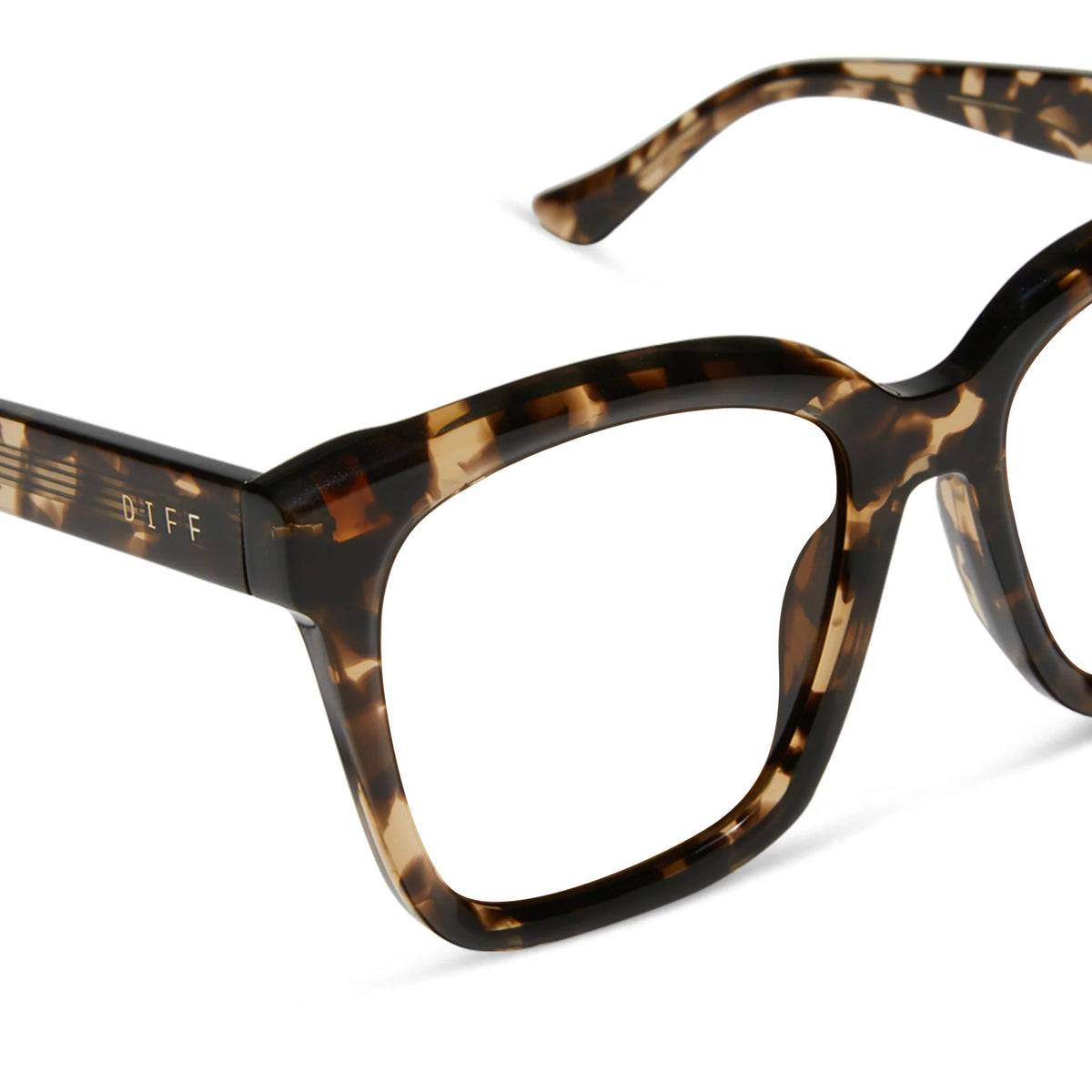 diff eyewear meredith square prescription glasses with a espresso tortoise acetate frame and prescription lenses detailed view