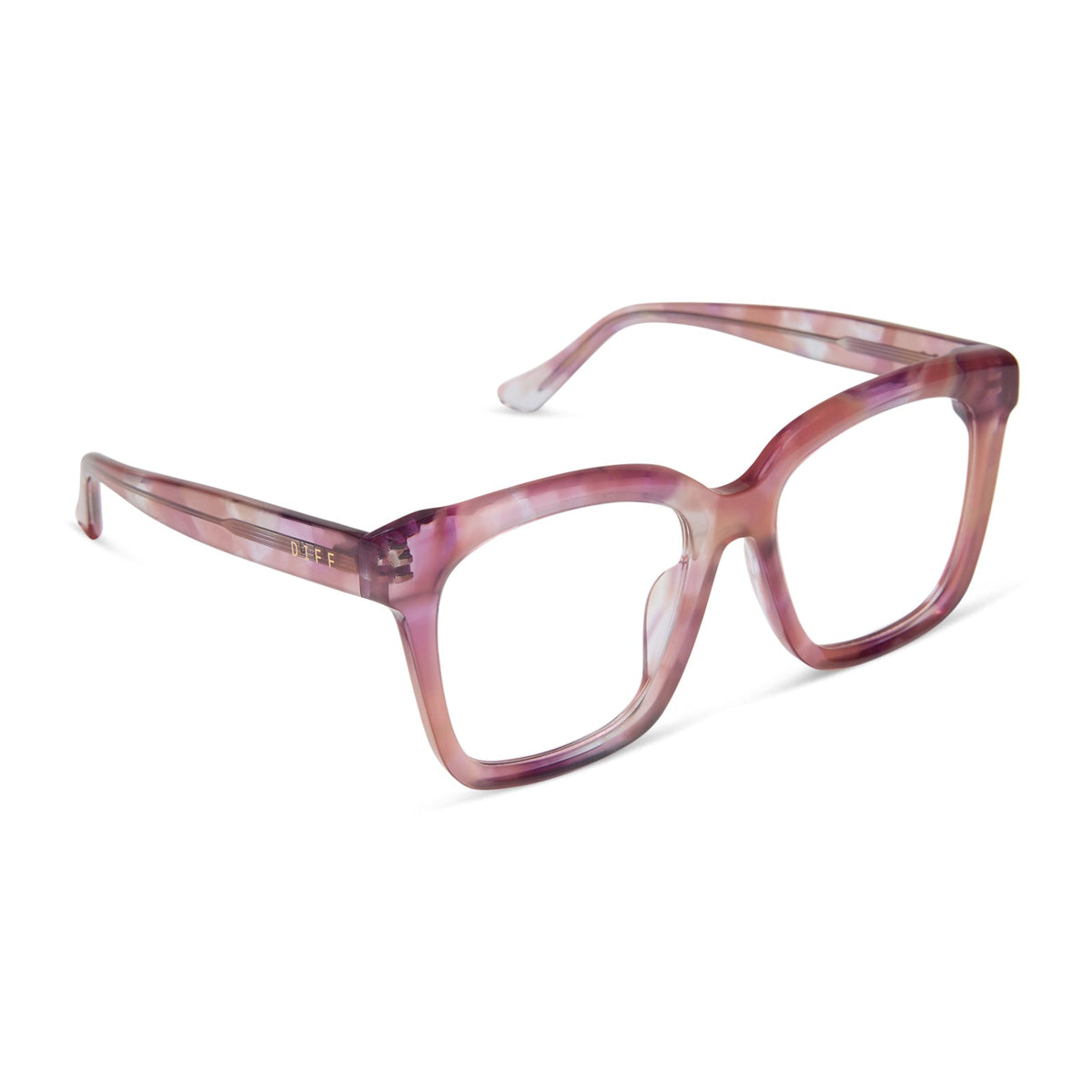 diff eyewear featuring the meredith square prescription glasses with a fleur pink tortoise frame angled view