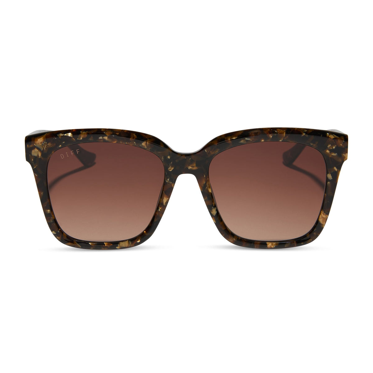 diff eyewear featuring the meredith square sunglasses with a glitter gold tortoise frame and brown gradient lenses front view