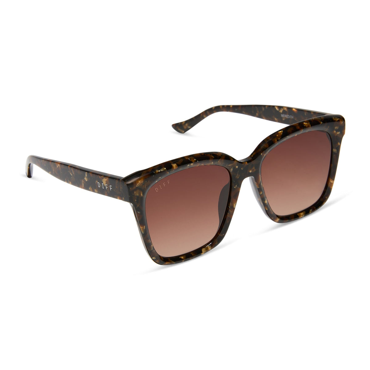 diff eyewear featuring the meredith square sunglasses with a glitter gold tortoise frame and brown gradient lenses angled view