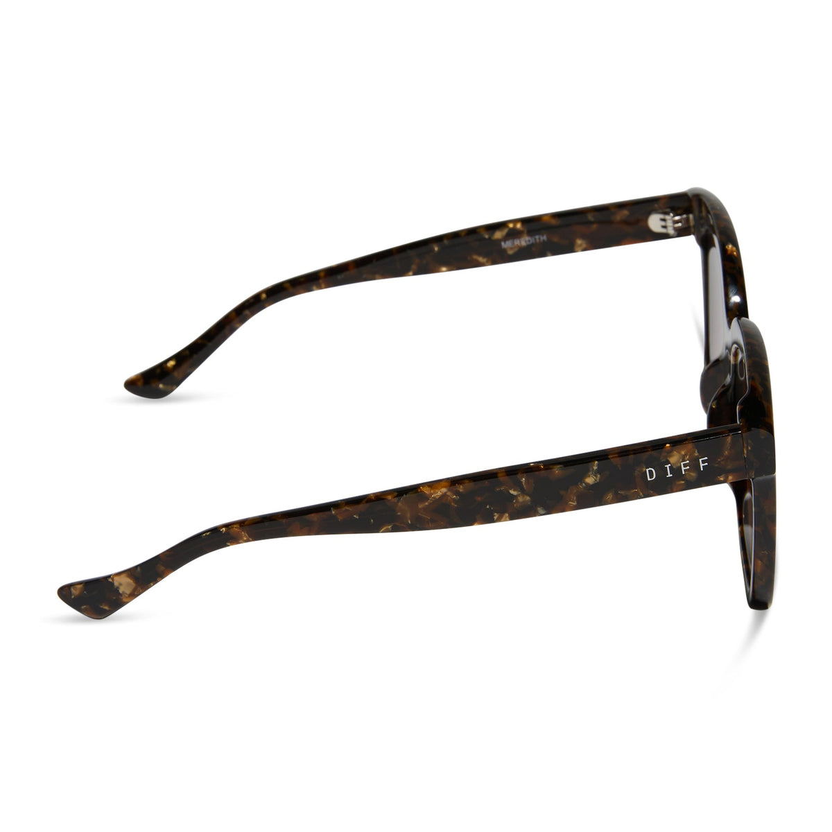 diff eyewear featuring the meredith square sunglasses with a glitter gold tortoise frame and brown gradient lenses side view