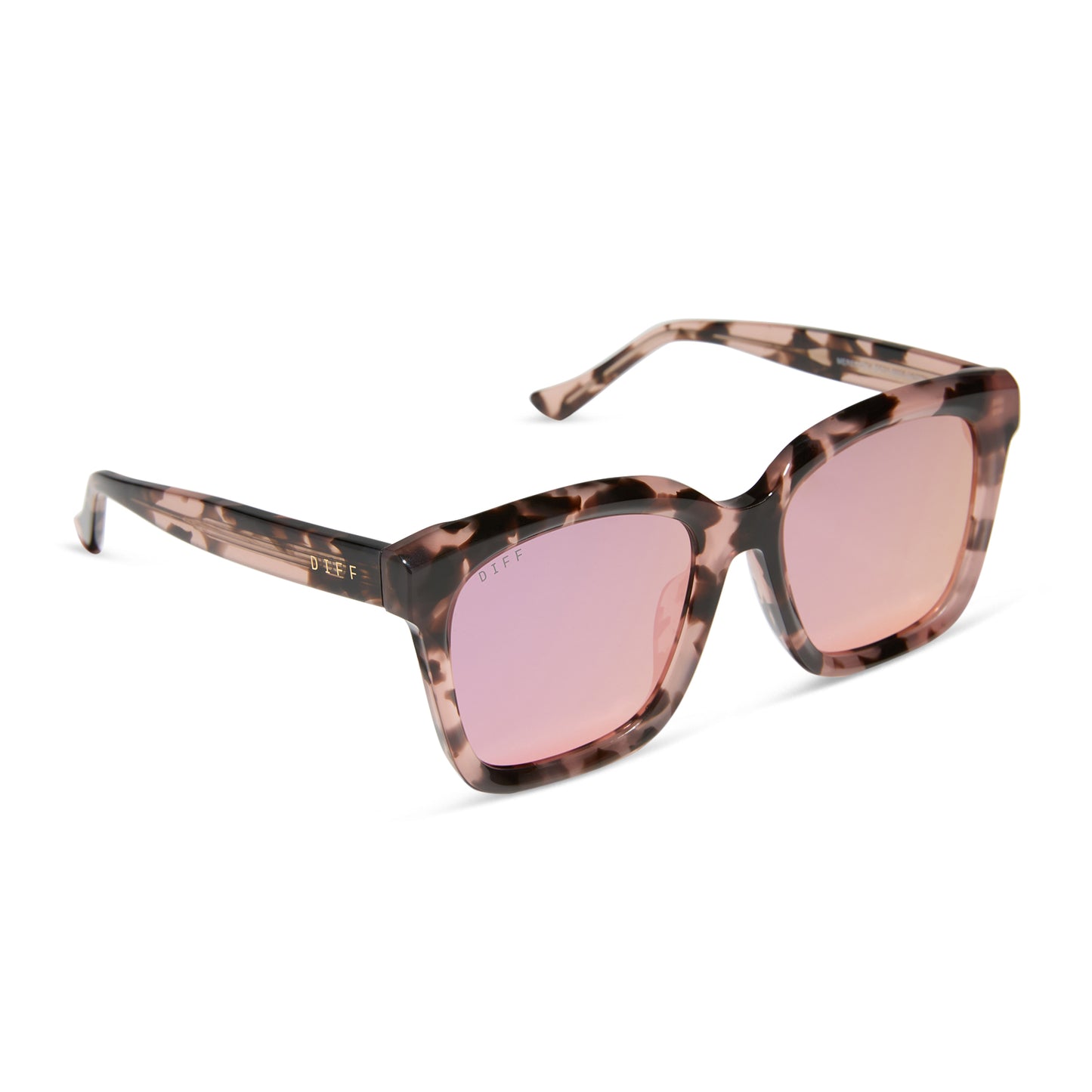 diff eyewear meredith square sunglasses himalayan tortoise & light pink mirror angled view