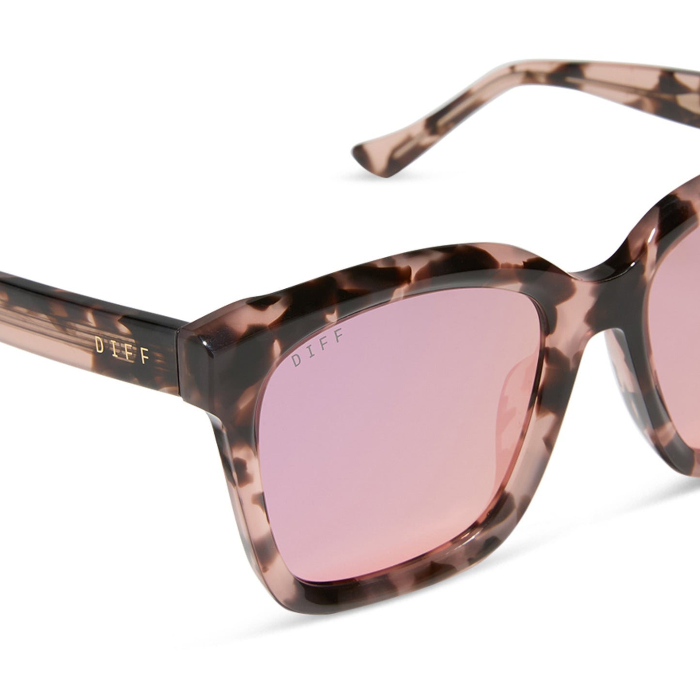 diff eyewear meredith square sunglasses himalayan tortoise & light pink mirror detailed view