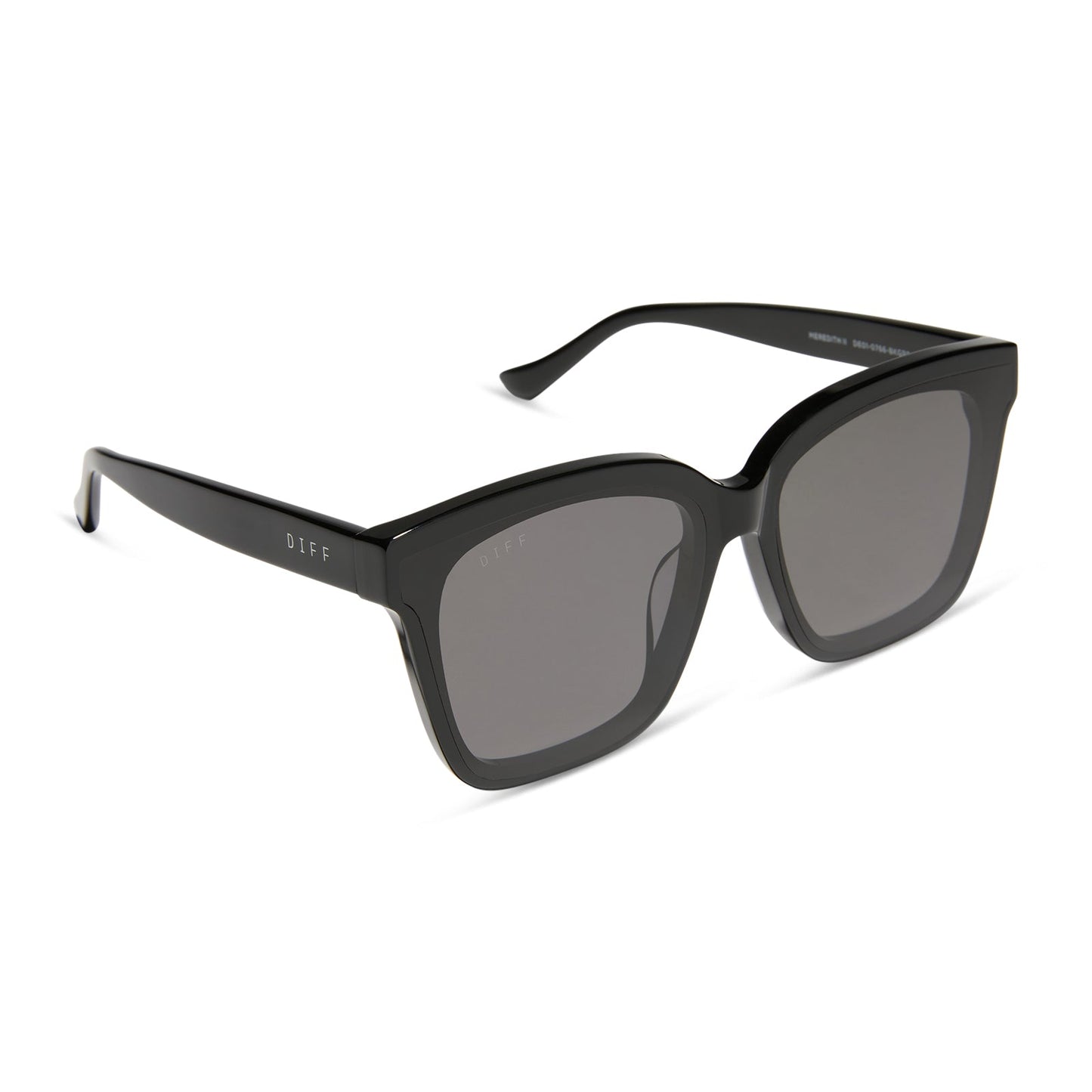 diff eyewear featuring the meredith ii square sunglasses with a black frame and grey lenses angled view