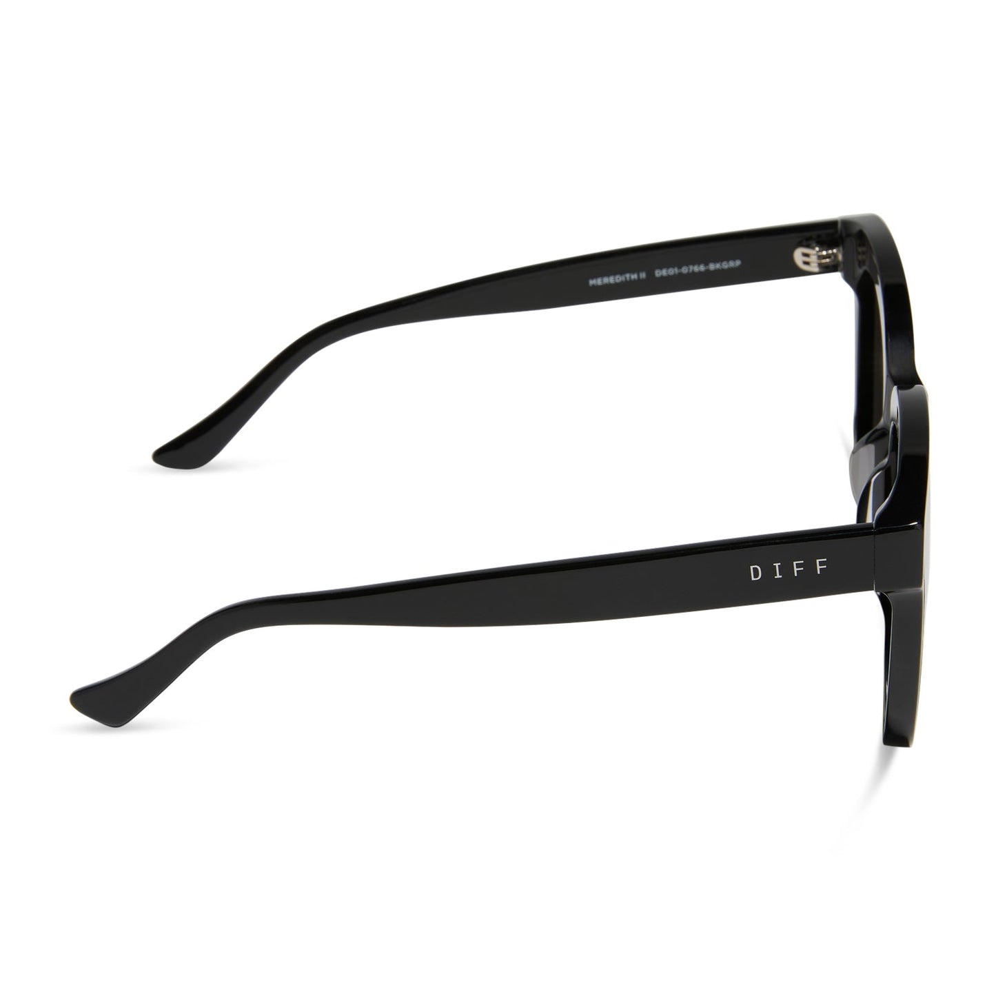 diff eyewear featuring the meredith ii square sunglasses with a black frame and grey lenses side view