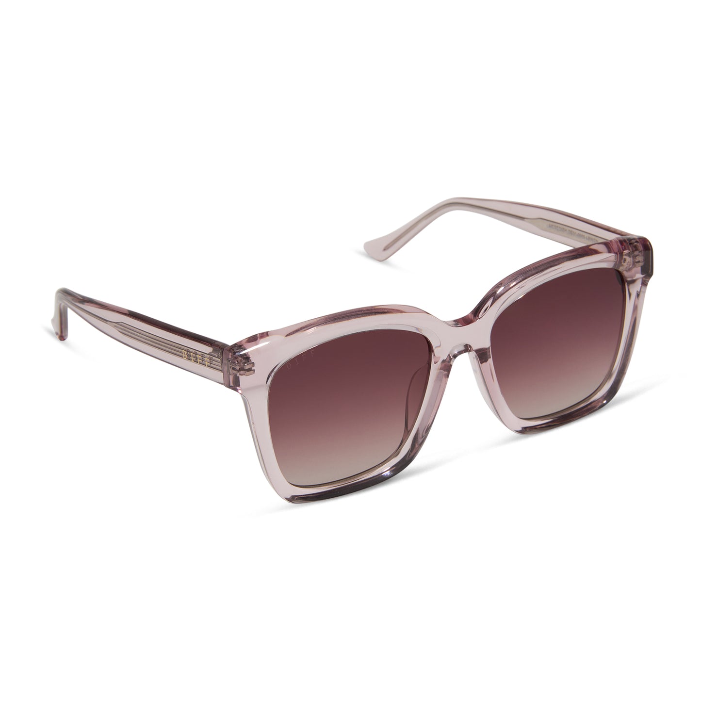 diff eyewear wholesale meredith square sunglasses with a light pink crystal frame and wine gradient lenses angled view