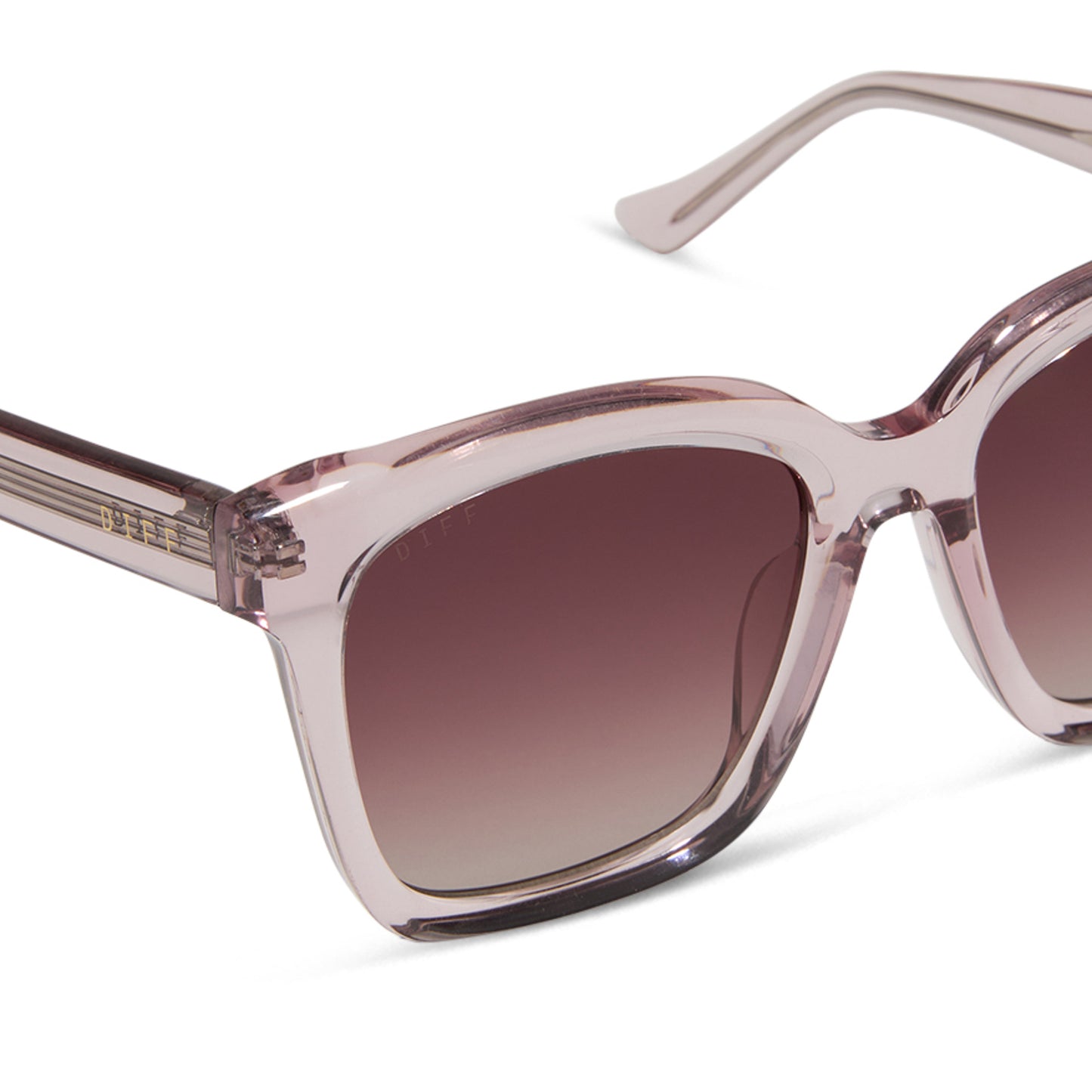 diff eyewear wholesale meredith square sunglasses with a light pink crystal frame and wine gradient lenses detailed view