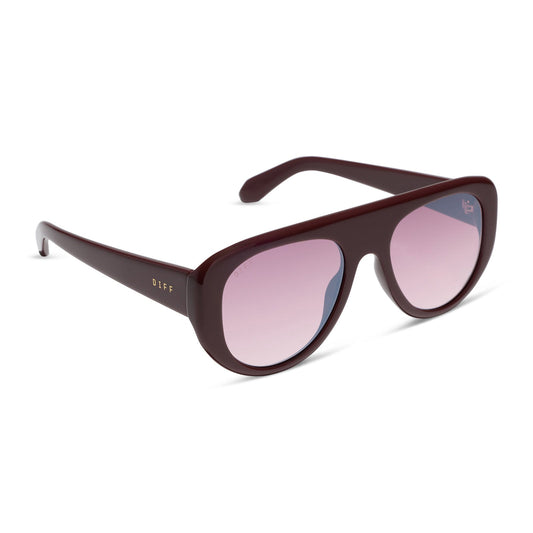 diff eyewear featuring the morgan oversized navigator sunglasses with a rugby red acetate frame and burgundy gradient lenses angled view