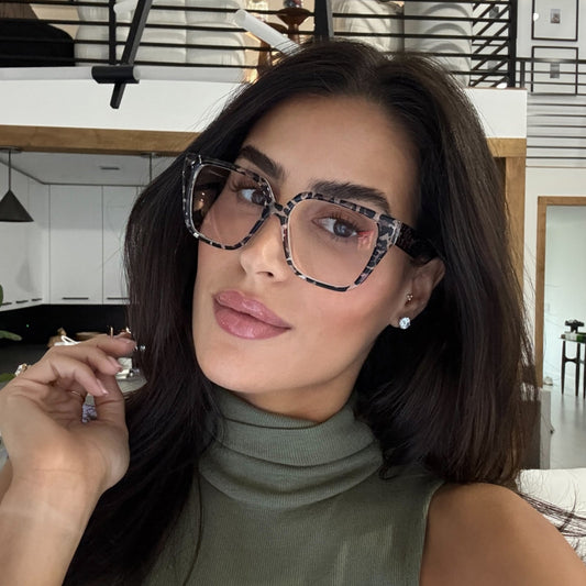 lifestyle - Rachel Collins wearing olive clear leopard print square prescription glasses