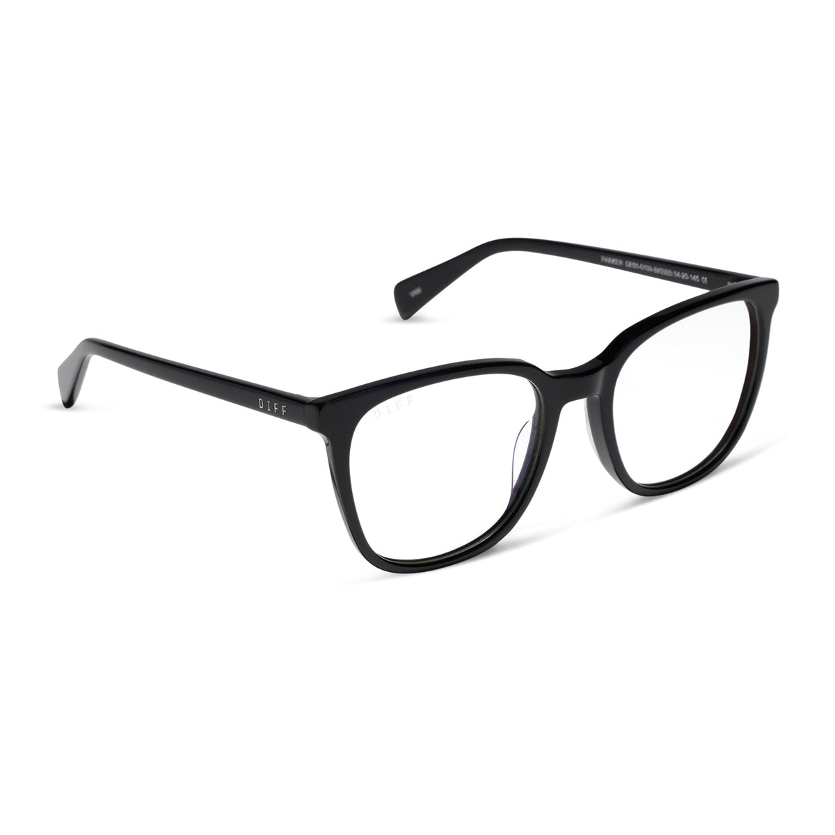 diff eyewear featuring the parker square blue light technology glasses with a black frame angled view
