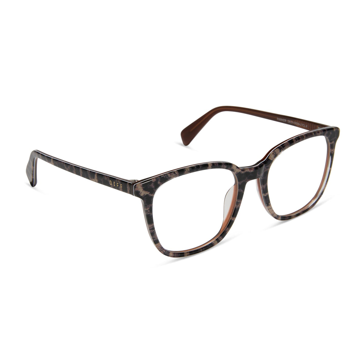 diff eyewear featuring the parker square prescription glasses with a leopard tortoise frame angled view
