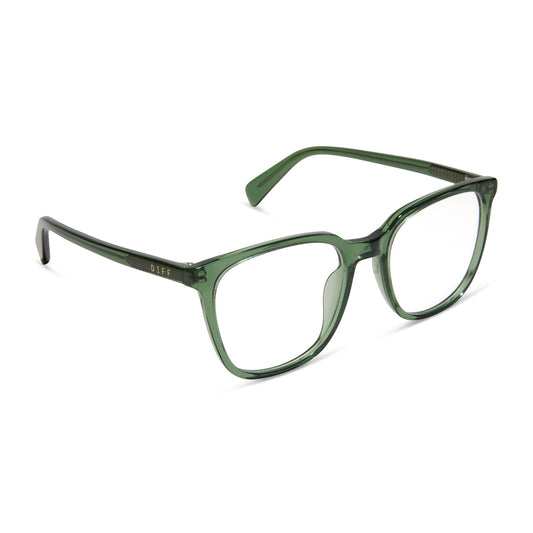 diff eyewear featuring the parker square prescription glasses with a sage green crystal frame angled view