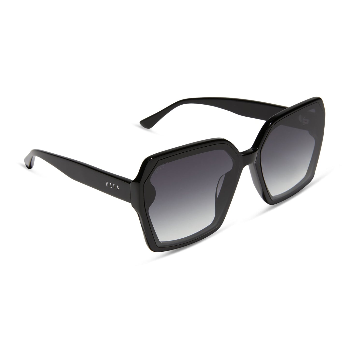 diff eyewear featuring the presley square sunglasses with a black frame and grey gradient lenses angled view