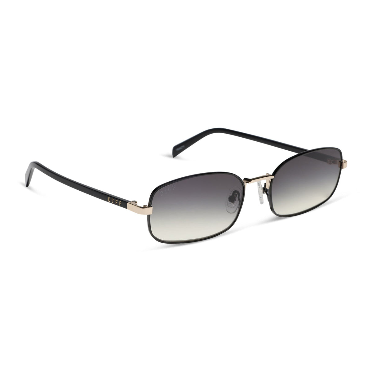 rachael kirkconnell x diff eyewear naomi square sunglasses with a black and gold metal frame and grey gradient lenses angled view