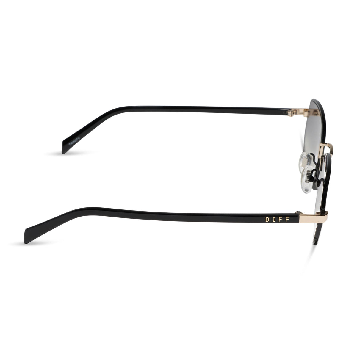 rachael kirkconnell x diff eyewear naomi square sunglasses with a black and gold metal frame and grey gradient lenses side view