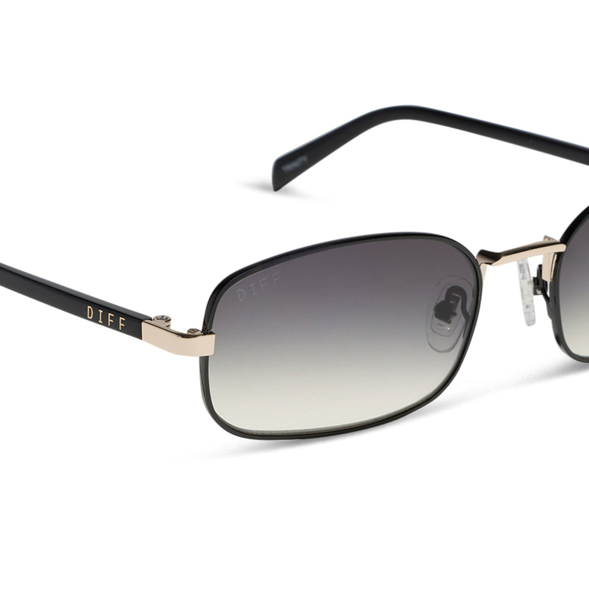 rachael kirkconnell x diff eyewear naomi square sunglasses with a black and gold metal frame and grey gradient lenses detailed view