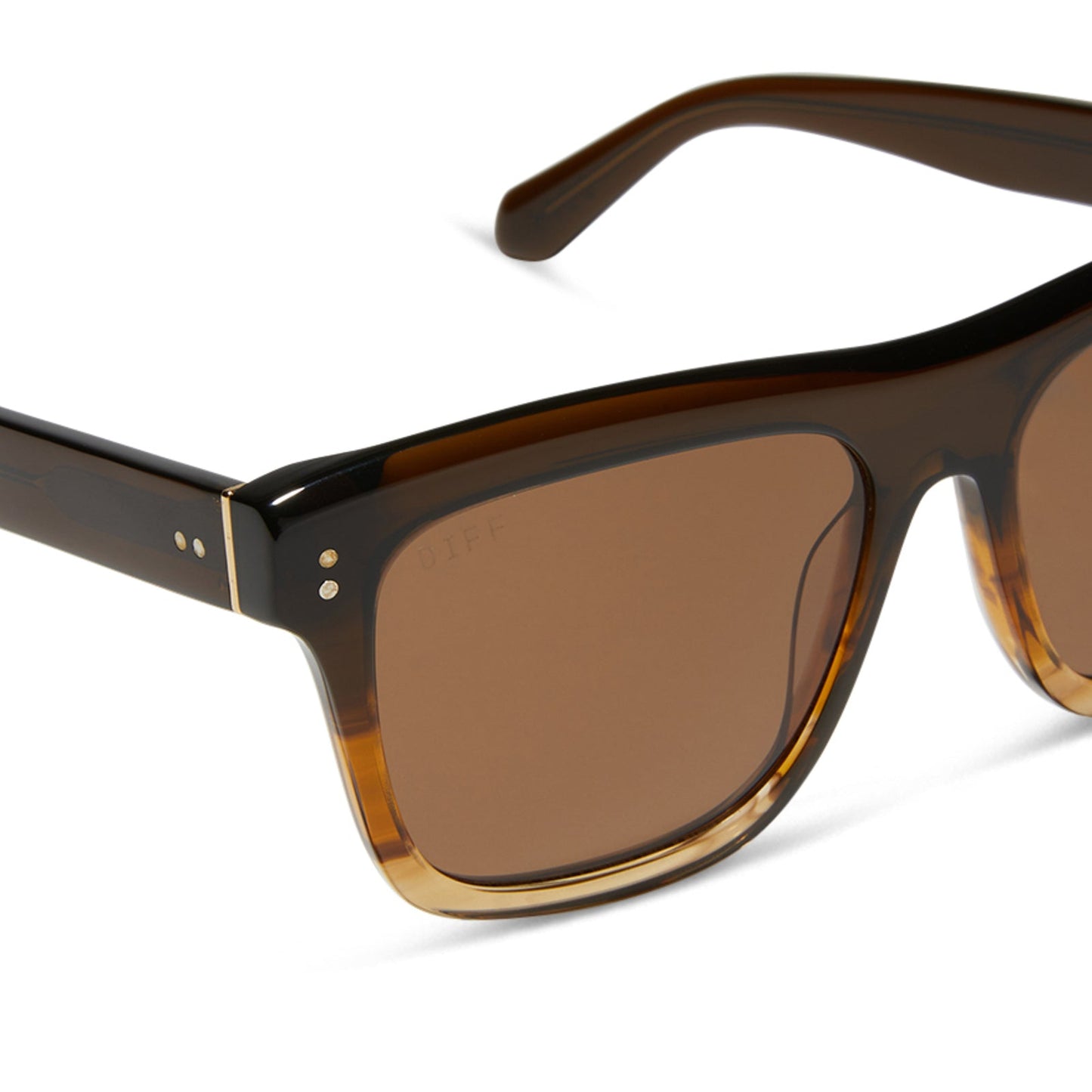 diff eyewear sammy square sunglasses with a mocha brown gradient acetate frame and brown polarized lenses detailed view