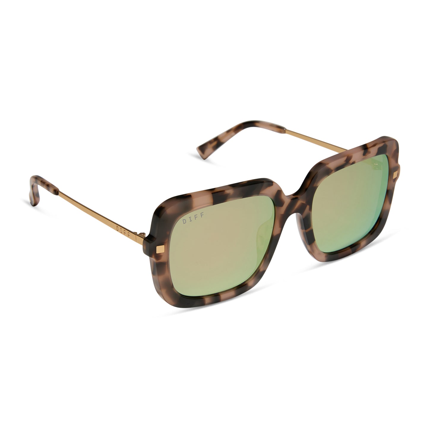 diff eyewear featuring the sandra square sunglasses with a himalayan tortoise frame and taupe mirror lenses angled view