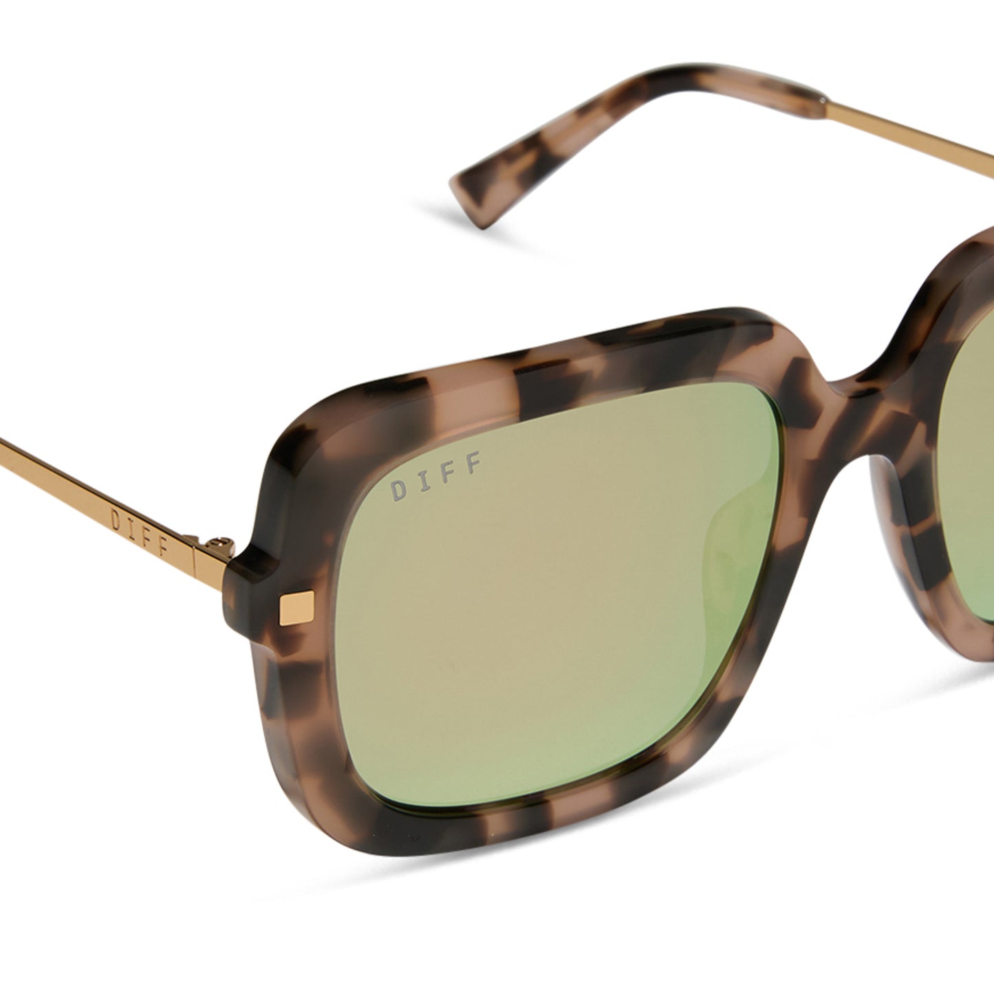 diff eyewear featuring the sandra square sunglasses with a himalayan tortoise frame and taupe mirror lenses detailed view