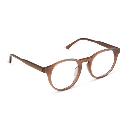 diff eyewear sawyer round prescription glasses with a macchiato brown frame angled view