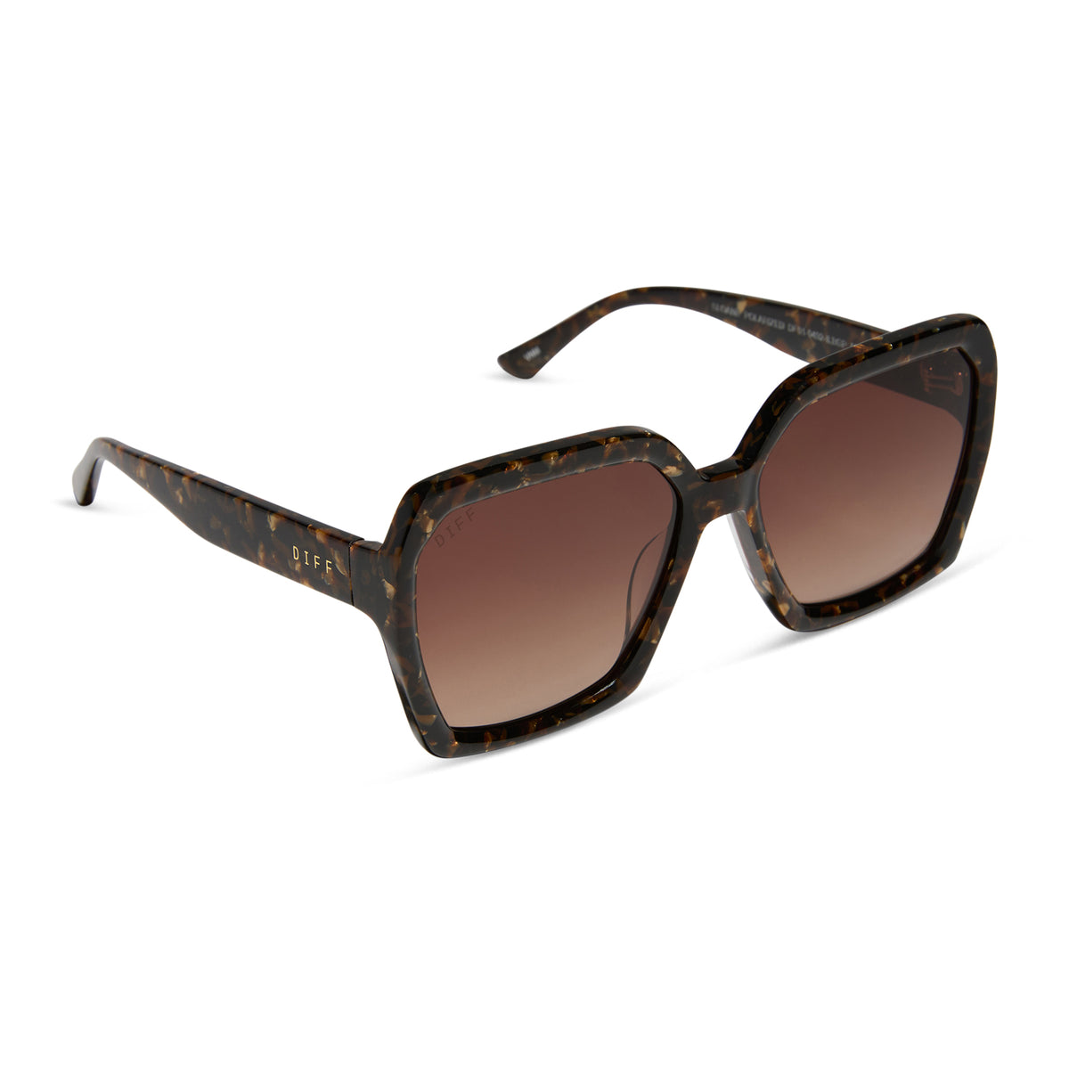 diff eyewear sloane square sunglasses with a glitter tortoise frame and brown gradient polarized lenses angled view