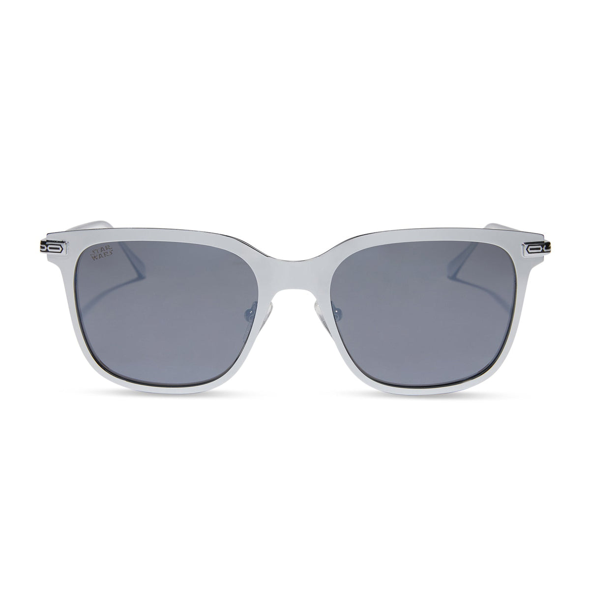star wars x diff eyewear featuring the mando 3.0 square sunglasses with a silver acetate frame and grey with silver flash lenses front view