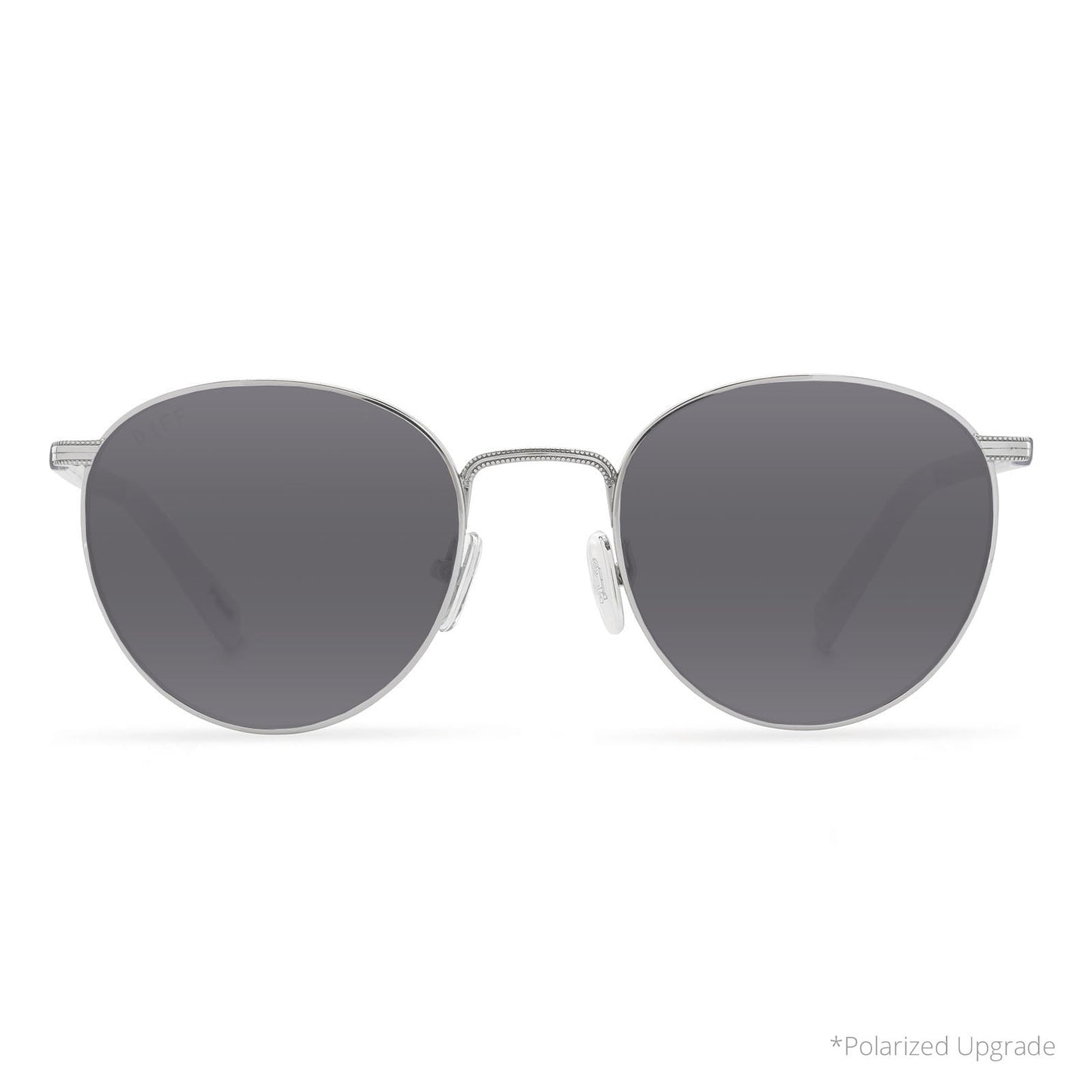prescription sunglasses - star wars x diff eyewear r2-d2 round sunglasses with a silver metal frame and grey prescription lenses front view