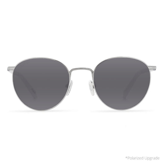 prescription sunglasses - star wars x diff eyewear r2-d2 round sunglasses with a silver metal frame and grey prescription lenses front view