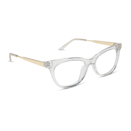 diff eyewear featuring the sylvia cateye prescription glasses with a crystal clear frame angled view