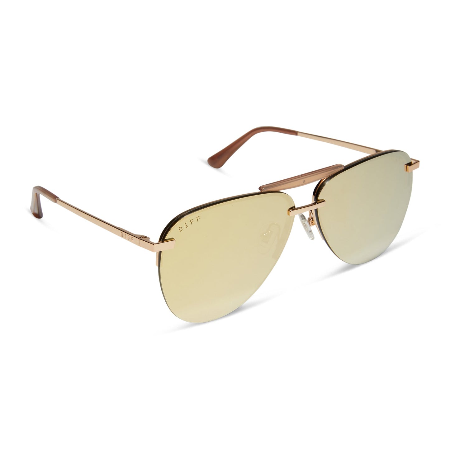 diff eyewear tahoe aviator oversized sunglasses with a gold metal frame and brilliant gold mirror lenses angled view
