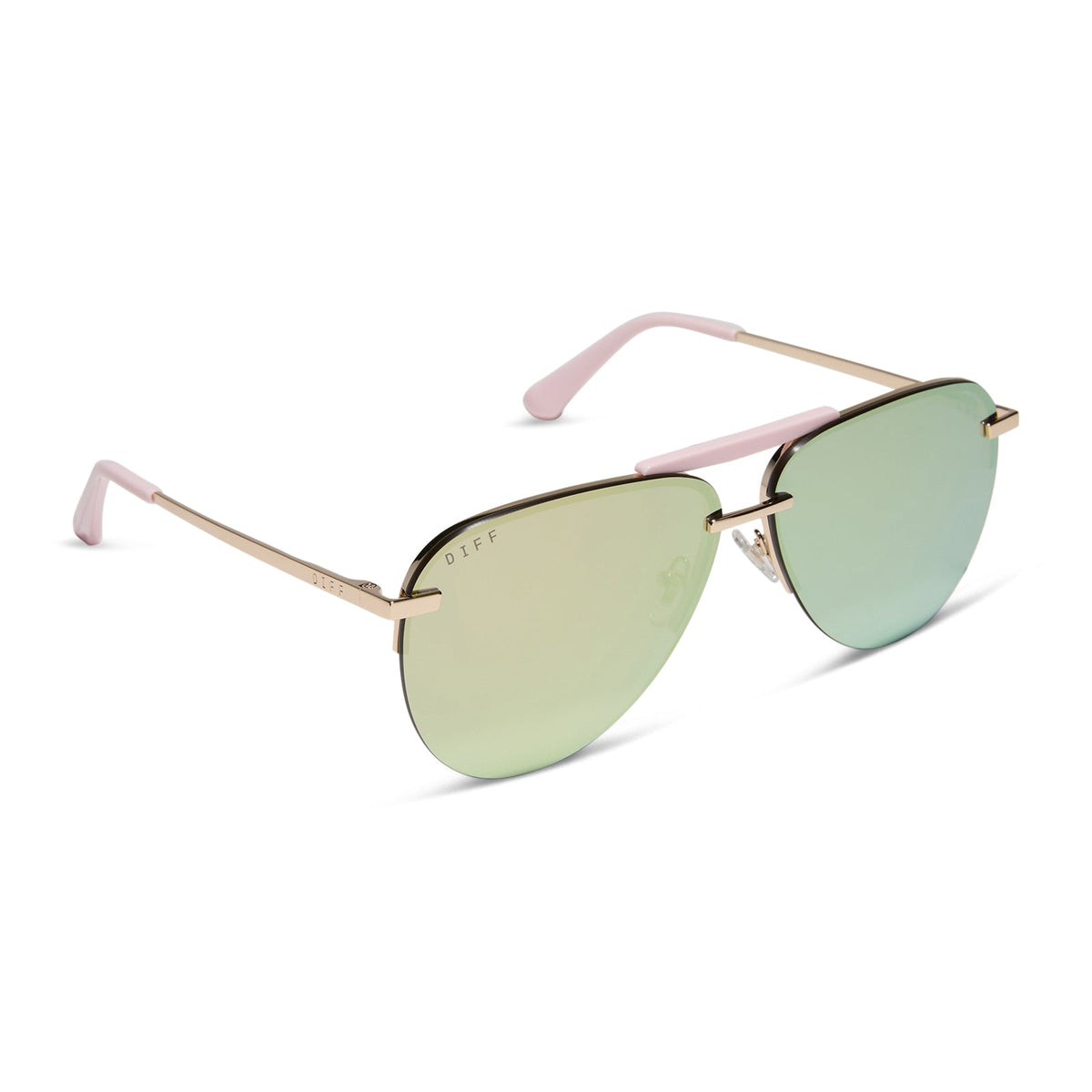 diff eyewear featuring the tahoe aviator sunglasses with a gold with powder pink brow bar & temple tips frame and taupe mirror lenses angled view