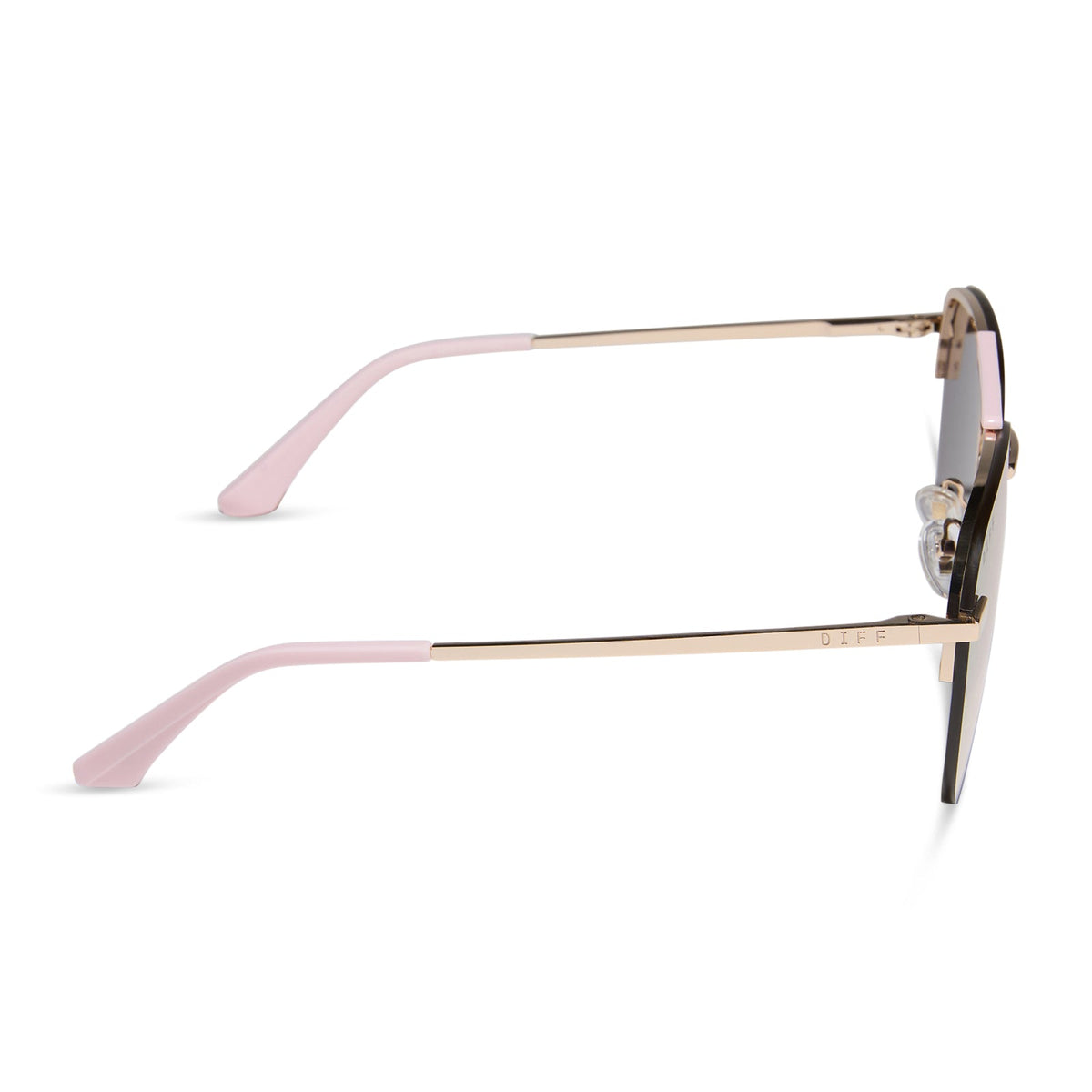 diff eyewear featuring the tahoe aviator sunglasses with a gold with powder pink brow bar & temple tips frame and taupe mirror lenses side view