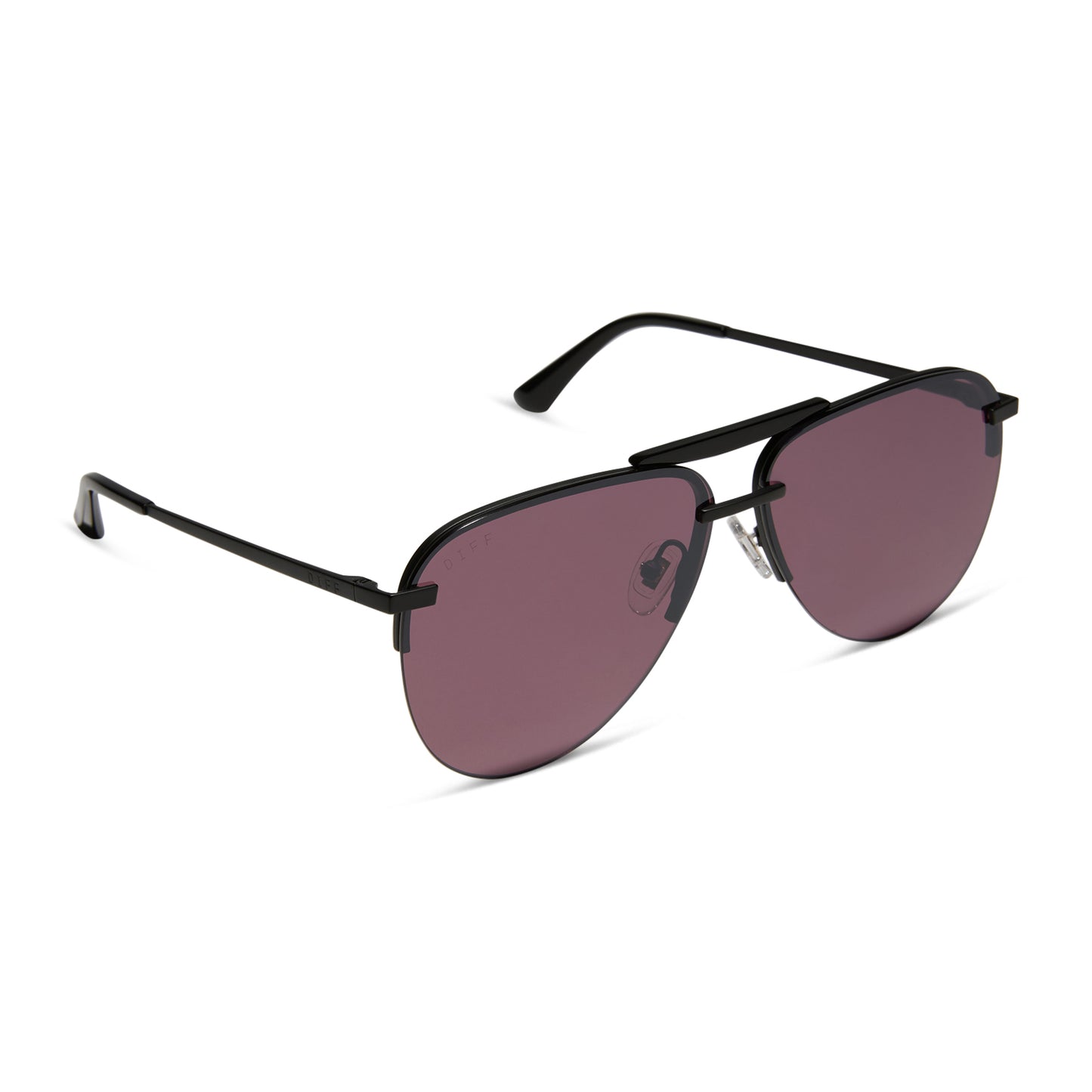 diff eyewear featuring the tahoe aviator sunglasses with a matte black + black temple tips frame and aubergine with silver flash lenses angled view