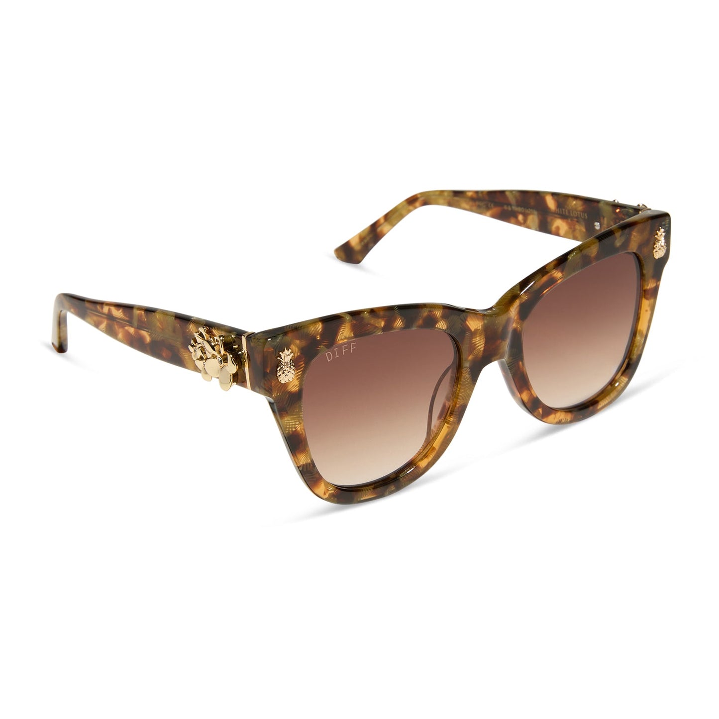 the white lotus x diff eyewear featuring the hawaii cat eye sunglasses with a coconut palm tortoise frame and brown gradient lenses angled view