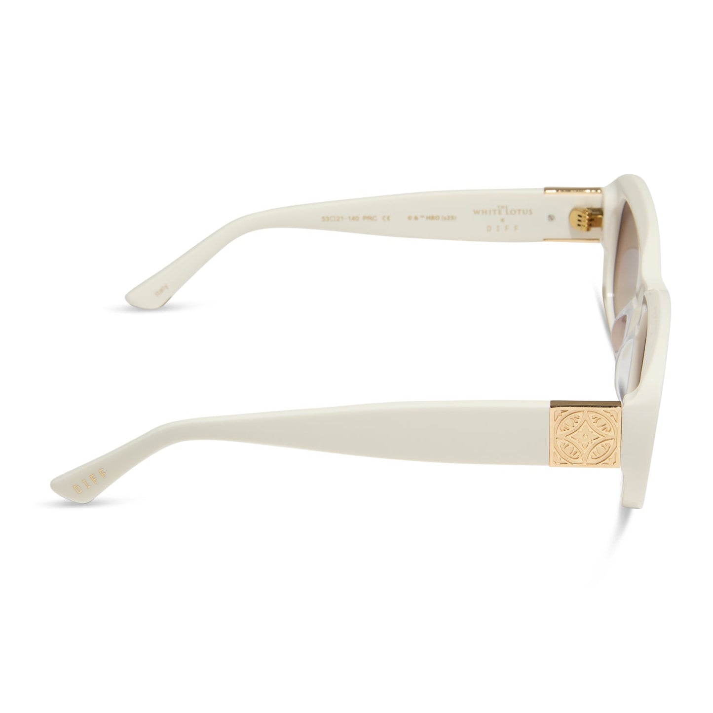 the white lotus x diff eyewear featuring the italy rectangle sunglasses with a ivory frame and brown gradient lenses side view