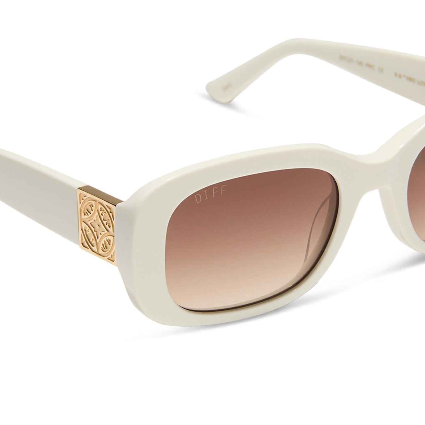 the white lotus x diff eyewear featuring the italy rectangle sunglasses with a ivory frame and brown gradient lenses detailed view