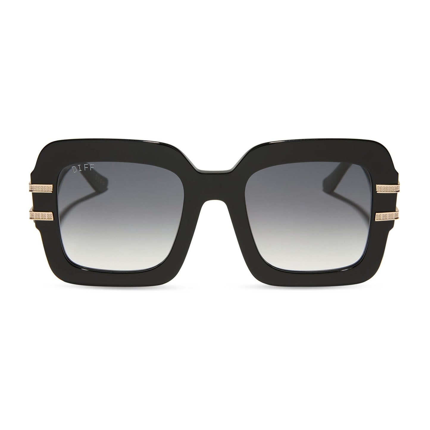 the white lotus x diff eyewear featuring the tanya square sunglasses with a black frame and grey gradient lenses front view