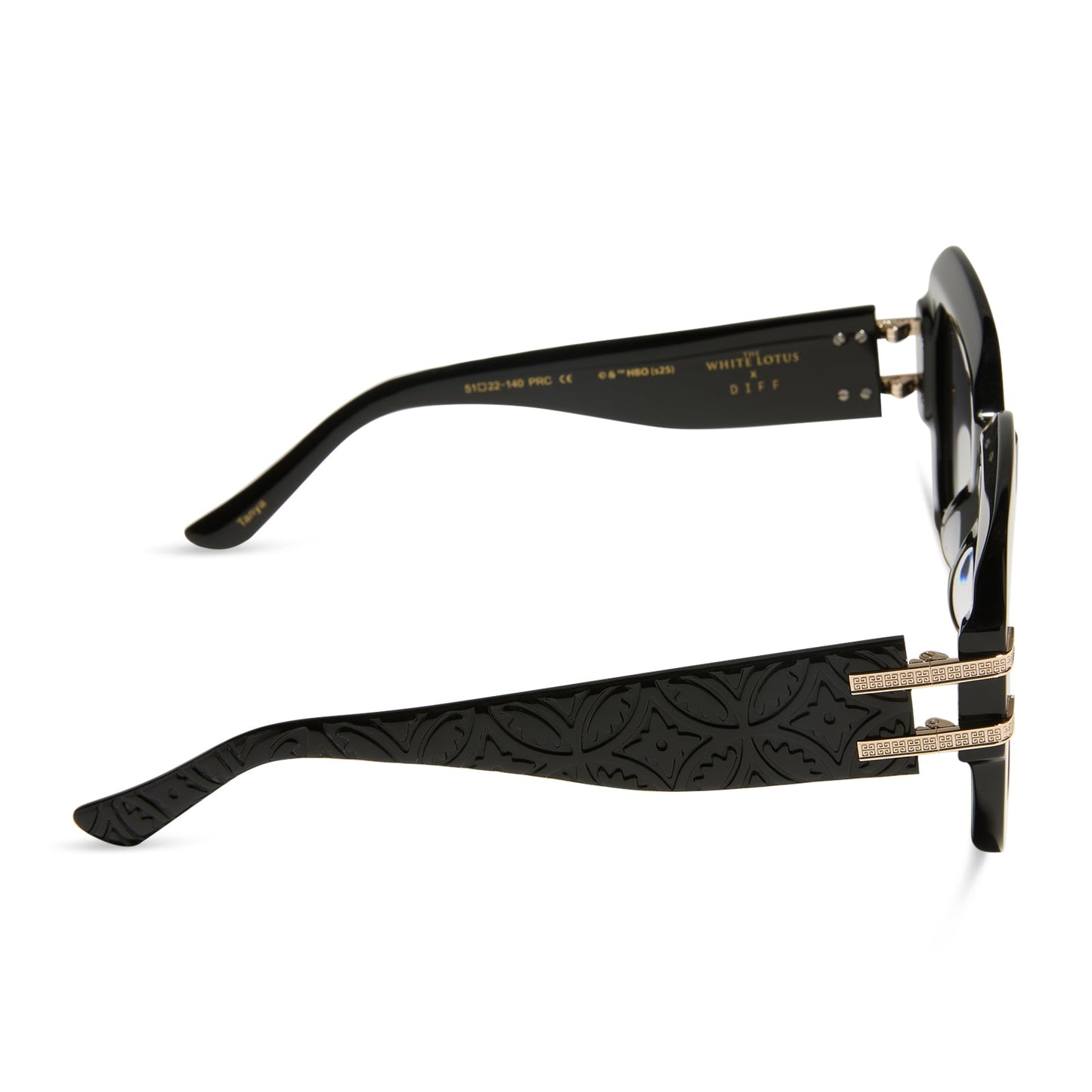 the white lotus x diff eyewear featuring the tanya square sunglasses with a black frame and grey gradient lenses side view